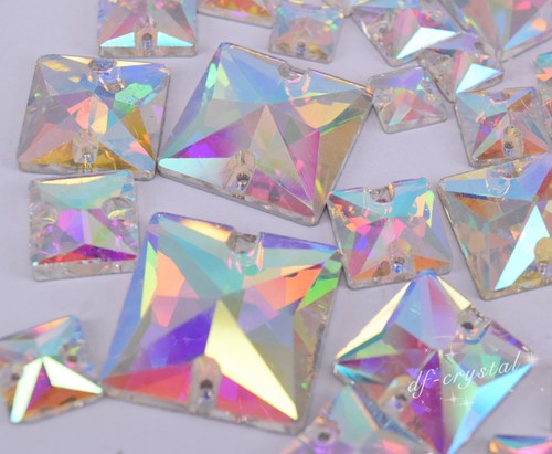 White AB Sew On Glass Crystal Rhinestones Square Flatback Stone Size sele - Picture 2 of 14