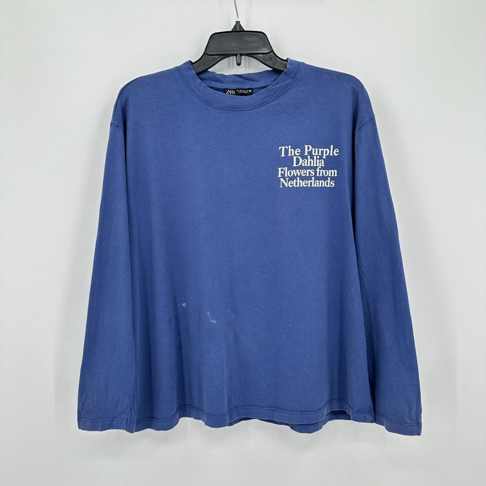 Zara T-shirt Womens Large Blue Purple Dahlia Flowers Long Sleeve