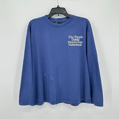 Zara T-shirt Womens Large Blue Purple Dahlia Flowers Long Sleeve Modern Tee - Picture 1 of 9