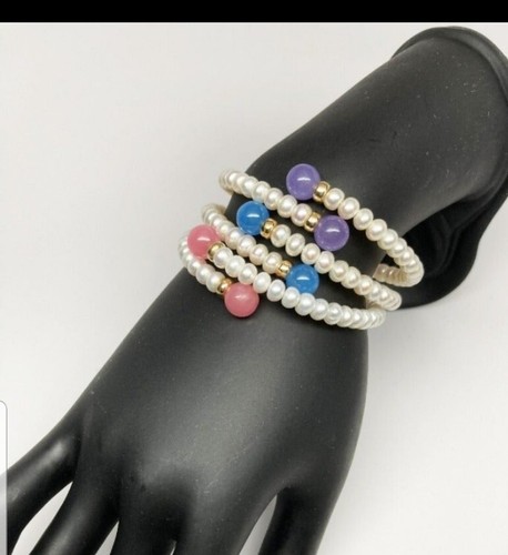 Ross Simons 14k Yellow Gold Purple Jade white pearl bangle bypass bracelet - Picture 10 of 11