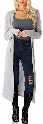 Open Front Hooded Long Sleeve Tunic Maxi Cardigan Cover-Up S M L XL - Picture 10 of 20