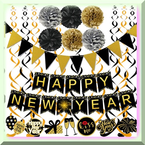 New Year's Eve Fiesta Kit: Happy New Year Banner, Pom Poms, Triangle Flag Swirls - Picture 2 of 7