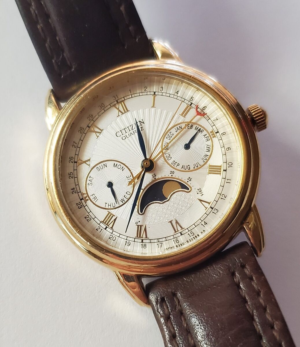 Citizen Quartz 6350-G31182 Watch Moon Dial Gold Case Dial Citizen Quartz 6350-G31182 Watch Moon Dial Gold Case Dial