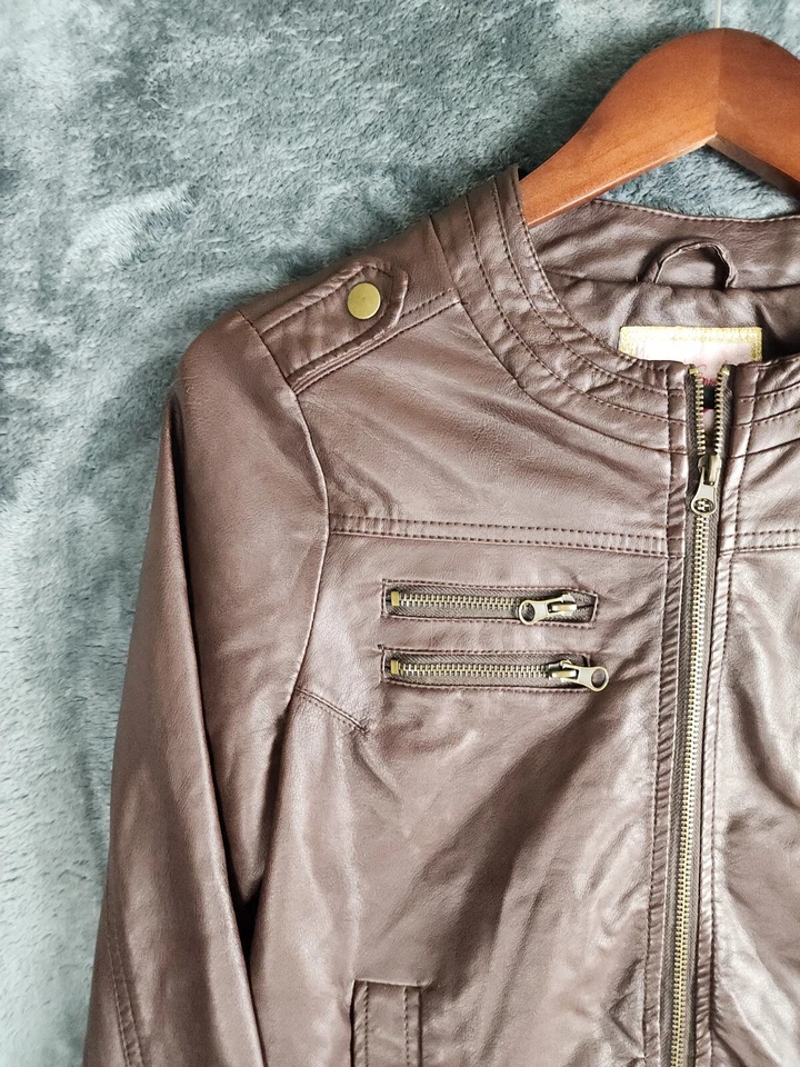 Chaqueta de moto de cuero sintético con cremallera completa Pink Evalope marrón talla mediana Foto 4 de 4