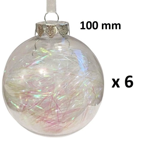 Christmas Decoration Luxury 100mm Iridescent Lametta Filled Silver Top Bauble