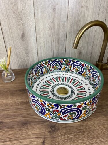 Colorful Moroccan Ceramic Sink, Handmade Bathroom Vanity Basin, Green Color sink