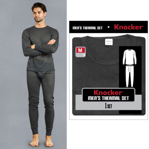 Men Thermal Pajama Set Knocker Long Sleeve Pants Sleep Grey M
