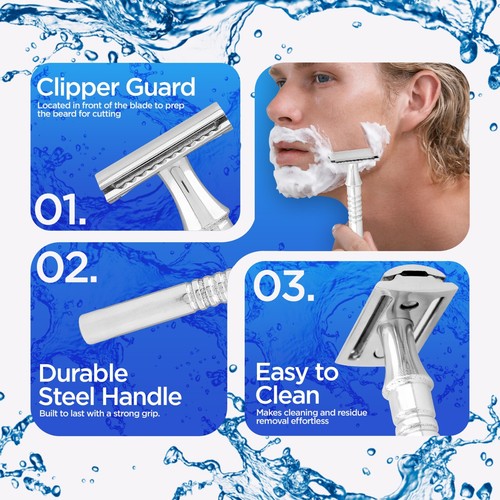 Double Edge Safety Razor for Men and Women, Stainless Steel Non-Slip Banded Grip - Picture 5 of 9