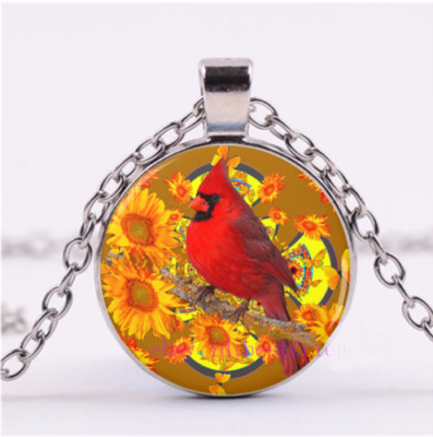 CARDINAL RED BIRD SUNFLOWER  pendant 22'' Sterling Silver 925 necklace female