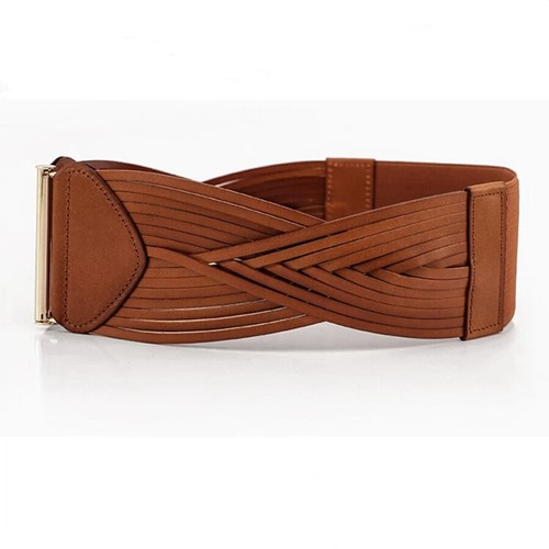 Women Real Leather Braided Waist Belt Gold Buckle Elastic Stretch Wide Waistband - Picture 35 of 54
