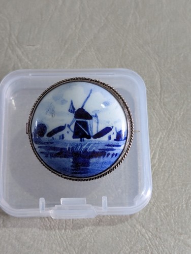 Vintage Delft Brooch/ Silver Mount/ V.K. Holland