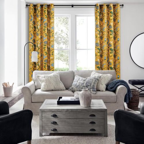 Vintage Mustard Yellow Grommet Drapes - Energy Efficient 84'' Floral Pattern - Picture 7 of 12