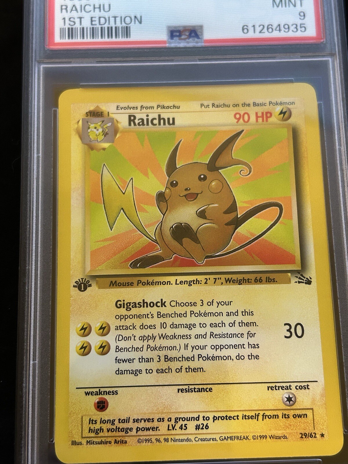 Raichu 29/62 Fossil 1st ed. - Non Holo Rare - Pokemon Card WOTC 1999 NM, PSA 9