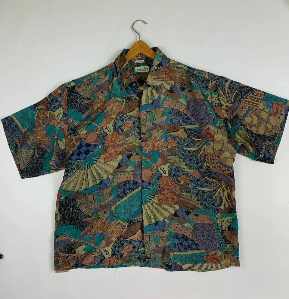 Vintage Christian Dior Silk Shirt 80s 90s For Mens Size Large Bootleg Short