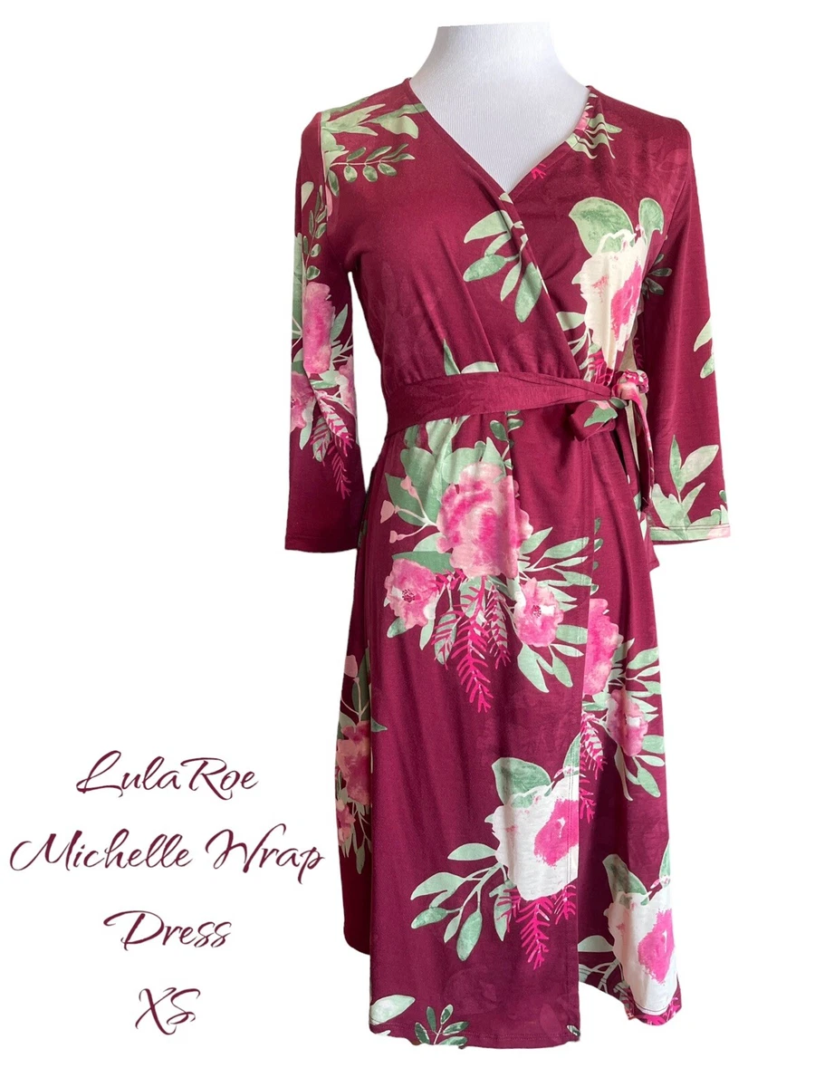 NWT LuLaRoe Michelle Wrap Dress- Gorgeous Wine Color w/Pink & Green  Florals- XS