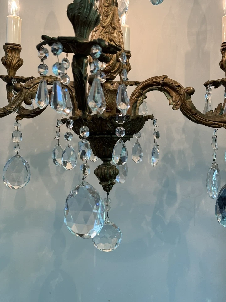 Antigua araña francesa de cristal de bronce Art Nouveau victoriana rococó Foto 4 de 4