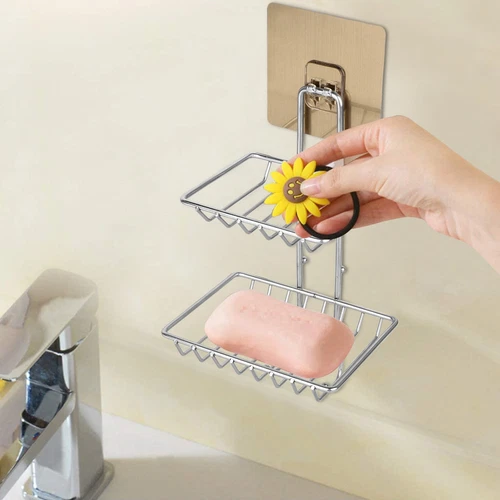 Bathroom Double Tier Soap Dish Holder Wall Mounted Stainless Steel With Hook - Picture 4 of 10