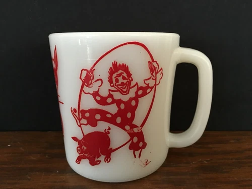 Vintage Hazel Atlas Child's White Milk Glass Cup Mug Red Circus Clown Pattern