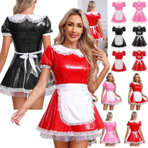 DE*Damen Kostüm Latex Dienstmädchen Lack Maid Kleid Französisches Magd Uniform - Bild 4 von 49