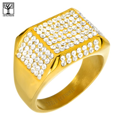 Men's Iced 3D Square Stainless Steel Gold Plated Band Pinky Rings SSR 306 G   - Picture 1 of 3