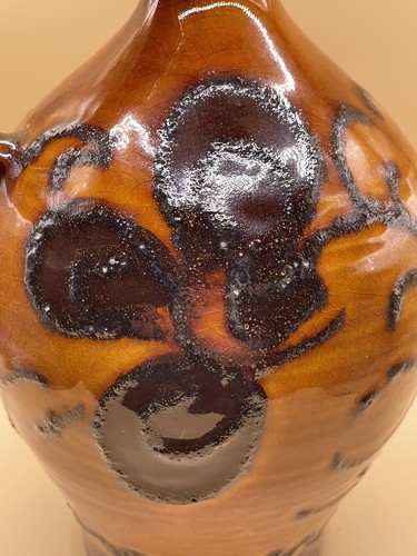 2 Tone Brown Art Pottery Glaze Jug W/ Cork Stopper Floral etching design - Picture 4 of 12