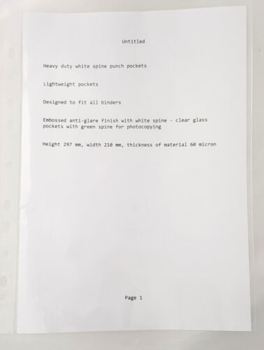A4 Punched Pockets 100 or 500 Deluxe Glass Clear 60 Micron White Strip Pocket - Picture 2 of 4