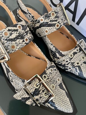 New Ganni Snake Printed Slingback Feminine Buckle Ballerinas