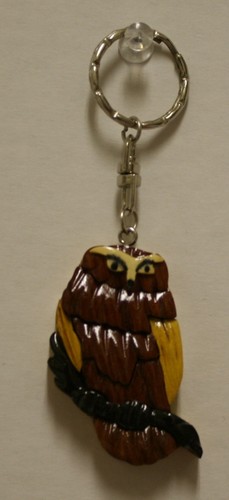 INTARSIA SOLID WOOD KEYCHAIN  KEY RING ANIMAL OWL MULTI COLOR CUTE GIFT NEW - Picture 1 of 5