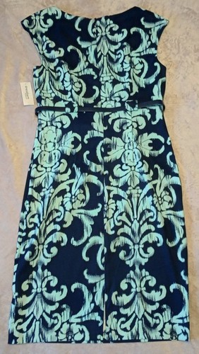 Vestido recto Dressbarn para mujer talla 8 azul patrón damasco hombro caído nuevo con etiquetas - Imagen 2 de 12