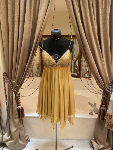 MARC BOUWER GLAMIT GOLD Boho Babydoll Goddess SEQUIN SILK Mini Dress  Sz 4 $695 - Picture 1 of 11
