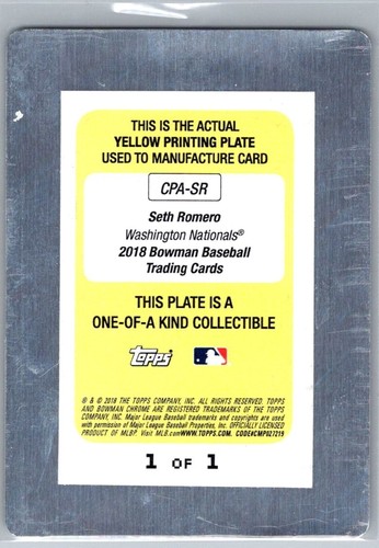 2018 Bowman Prospect Yellow Printing Plate Auto 1/1 Seth Romero #CPA-SR - Picture 2 of 2