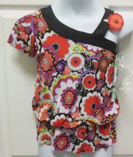 One shoulder flower power top red intermediate child girls 6x-8 gathered hem