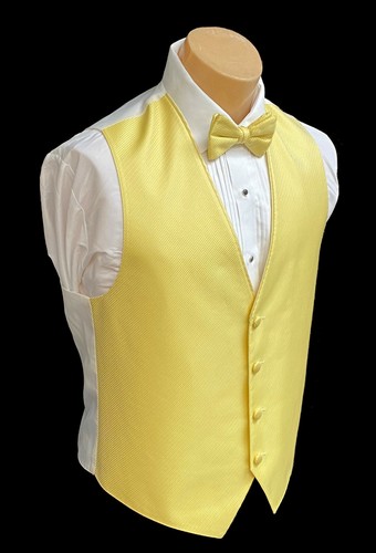 Men's Yellow Tuxedo Vest with Tie Bow or Long Groom Prom Wedding Party Cruise - Picture 6 of 10