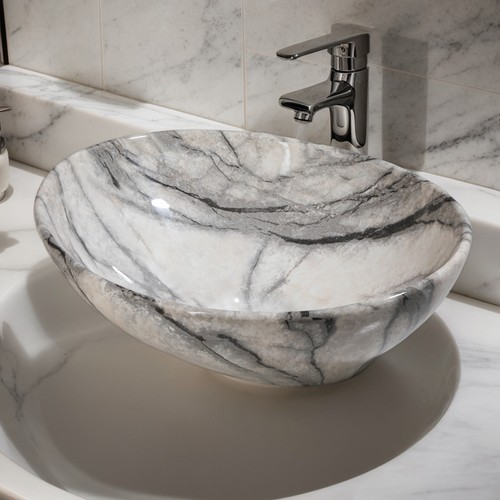 16"x13" Oval White Marble Bathroom Vessel Sink Ceramic Basin Bowl No Tap Drain - Picture 1 of 9