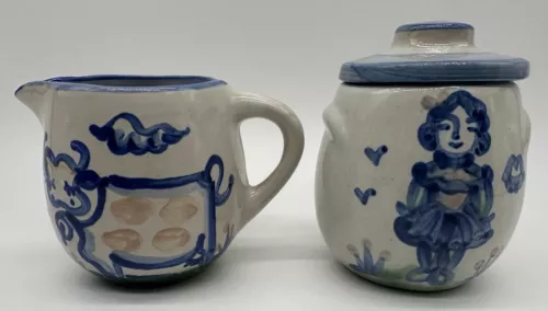 M A Hadley Pottery Cream And Sugar Set COW & FARM GIRL FOLK ART 3.5” 4.5”