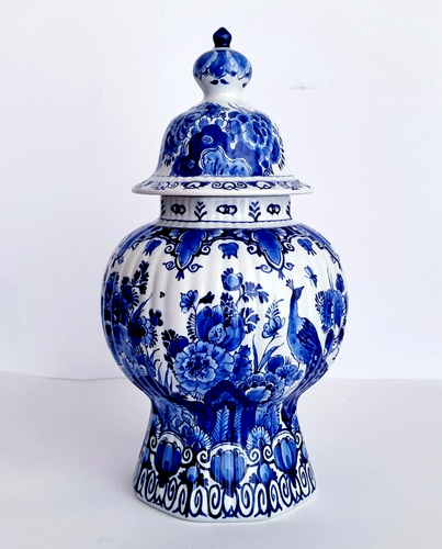 ROYAL DELFT PORCELEYNE FLES GINGER JAR LIDDED VASE PEACOCK 15 INCHES - Picture 2 of 11