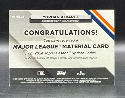 2024 Topps Update Major League Material #MLMU-YA Yordan Alvarez GAME USED BAT - Picture 2 of 2