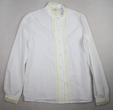 Vintage Women's Top Sz 10 White Long Sleeve Button-Up Lace Trim Style Craft