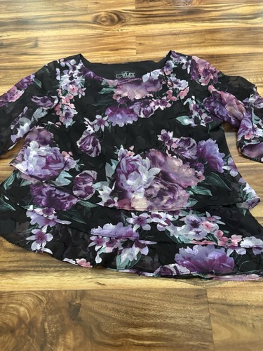 Alex Evenings Floral Top Women's Size L Multicolor Tiered 3/4 Sleeve Fast Ship - Picture 2 of 9