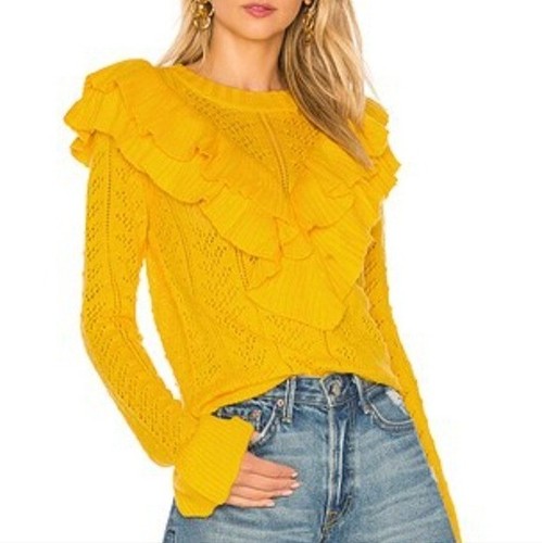 TULAROSA gelber Rüschen Strick Pullover XS, Zopfmuster, romantischer Statement Pullover
