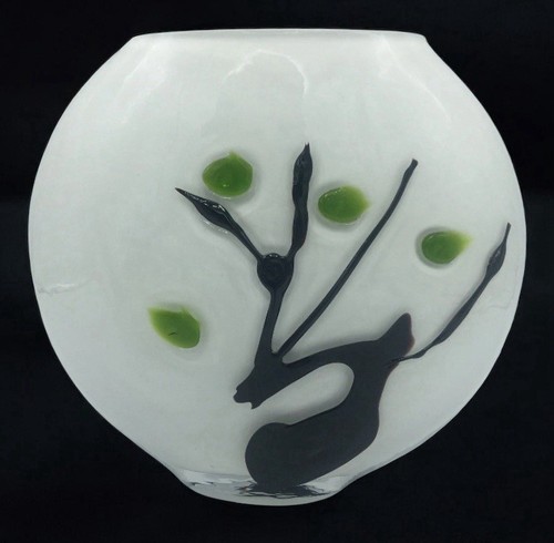 Vase-Flat Round Minimalistic Fused Glass Double Sided Abstract Bonsai Tree - Picture 1 of 7