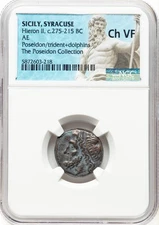 Sicily, Syracuse 275-215 BC AE Hieron II NGC Ch VF Poseidon, Trident & Dolphins