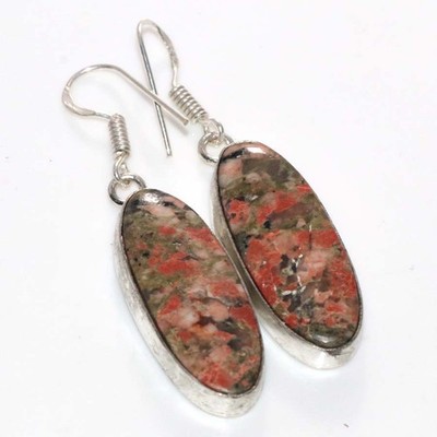 Decent Unakite 925 Silver Plated Earrings 2'' On Trend Jewelry Fashion Sale JW