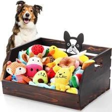 Dog Toy Bin, 17.5 Inch Large Wooden Puppy Toy Storage Basket with Handle and ...