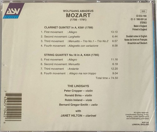 MOZART - String Quart. In A K464/Clarinet Quintet - Lindsays CD BRAND NEW! ASV - Picture 2 of 2