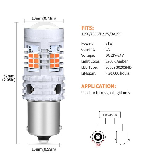 2X BA15S 1156 P21W P21W LED Turn Signal Bulbs Amber with Build-in Load Resistor - Foto 6 di 8