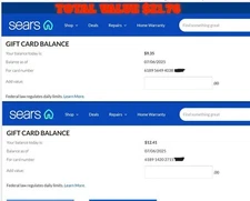 2 Sears Gift Certificates Vouchers TOTAL $21.76