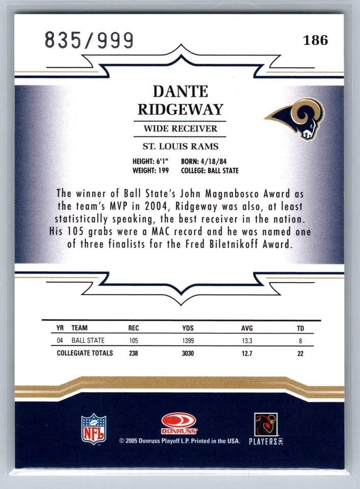 Dante Ridgeway 2005 Donruss Throwback Threads Rookie /999 #186 - Image 2 of 2