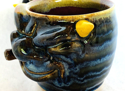 Anamorphic Gargoyle Studio Pottery Mug Blue Drip Glaze Smoking A Cigar