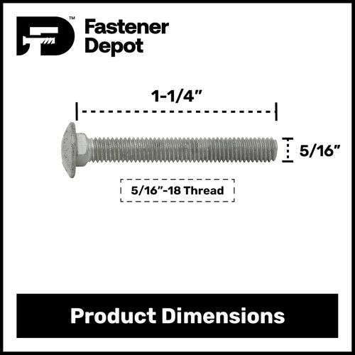 5/16”-18 x 1-1/4” Hot Dipped Galvanized Carriage Bolt Kit w/ Nuts & Washers—100x - Picture 2 of 6
